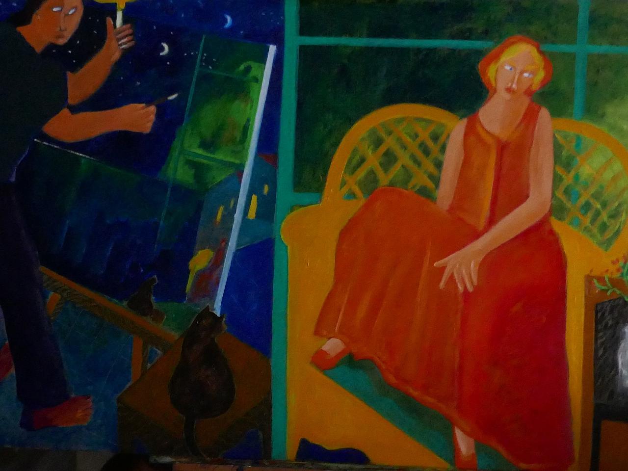 Le peintre et le modèle avec une robe rouge